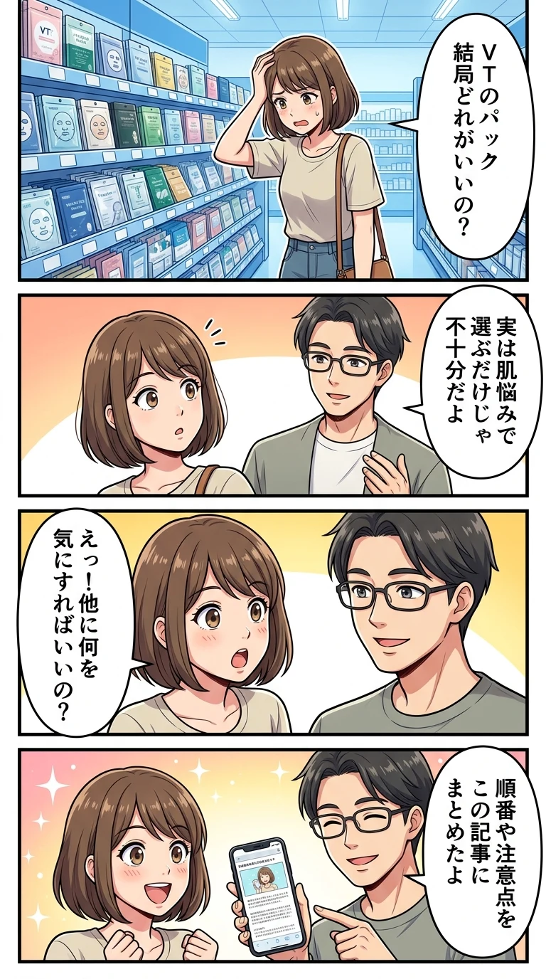 ・VTパックはどれがいい？ 種類別比較・VTパックは毎日使える？ ・VTパックの順番は？ ・VT CICAパックはどんな人向け？ ・VT レチノールパックはどんな人向け？・ VT ビタミンパックは毛穴に効果ある？